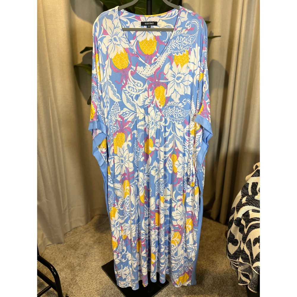 Ellen Tracy Blue Tropical Pineapple Floral Kaftan Maxi Lounger Gown 1X